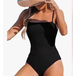 Cupshe Black Ruched Tummy Control One Piece Swimsuit Strappy Back Large Beach
